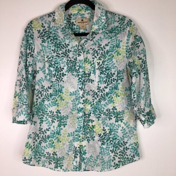 Woolrich blouse roll up sleeves green leaves - Picture 1 of 8